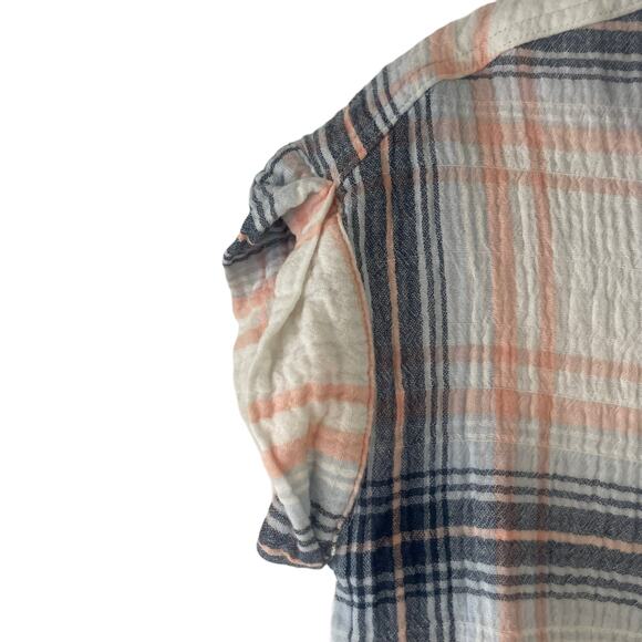 Sanctuary Women's Size Small Blue Pink Plaid Button Up Gauze Short Sleeve Tie - Picture 5 of 9